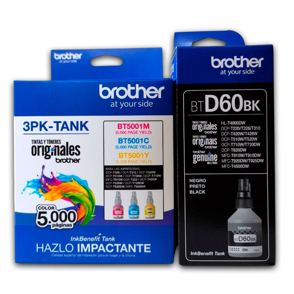 Kit Tintas Brother BT 5001 3PK Tank BTD 60BK Negro y colores Original
