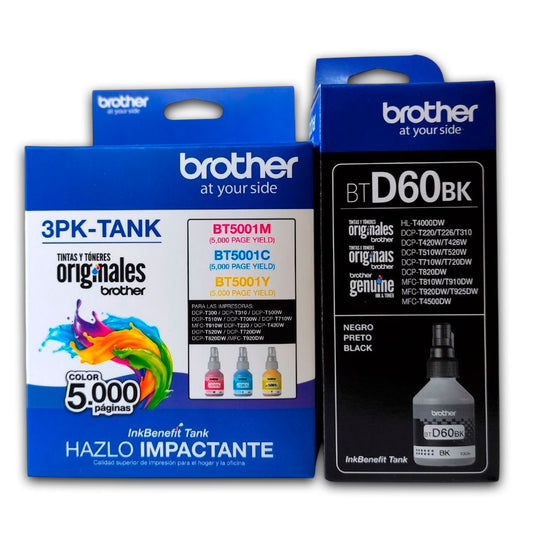 Kit Tintas Brother BT 5001 3PK Tank BTD 60BK Negro y colores Original