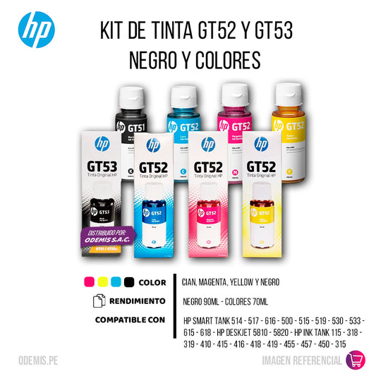 Kit Tintas Hp GT52 y GT53 Colores y negro 90 y 70ml Original