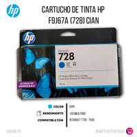 Tinta HP 728 Cian F9J67A 130ml T730, T830 Original