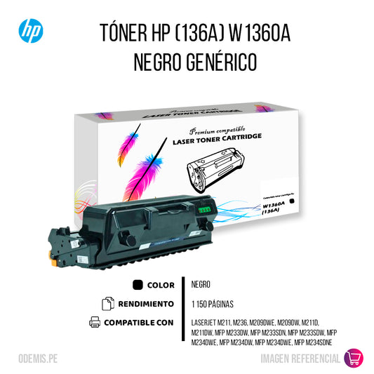 Toner HP 136A Black W1360A 1,15k Pág. con Chip Compatible