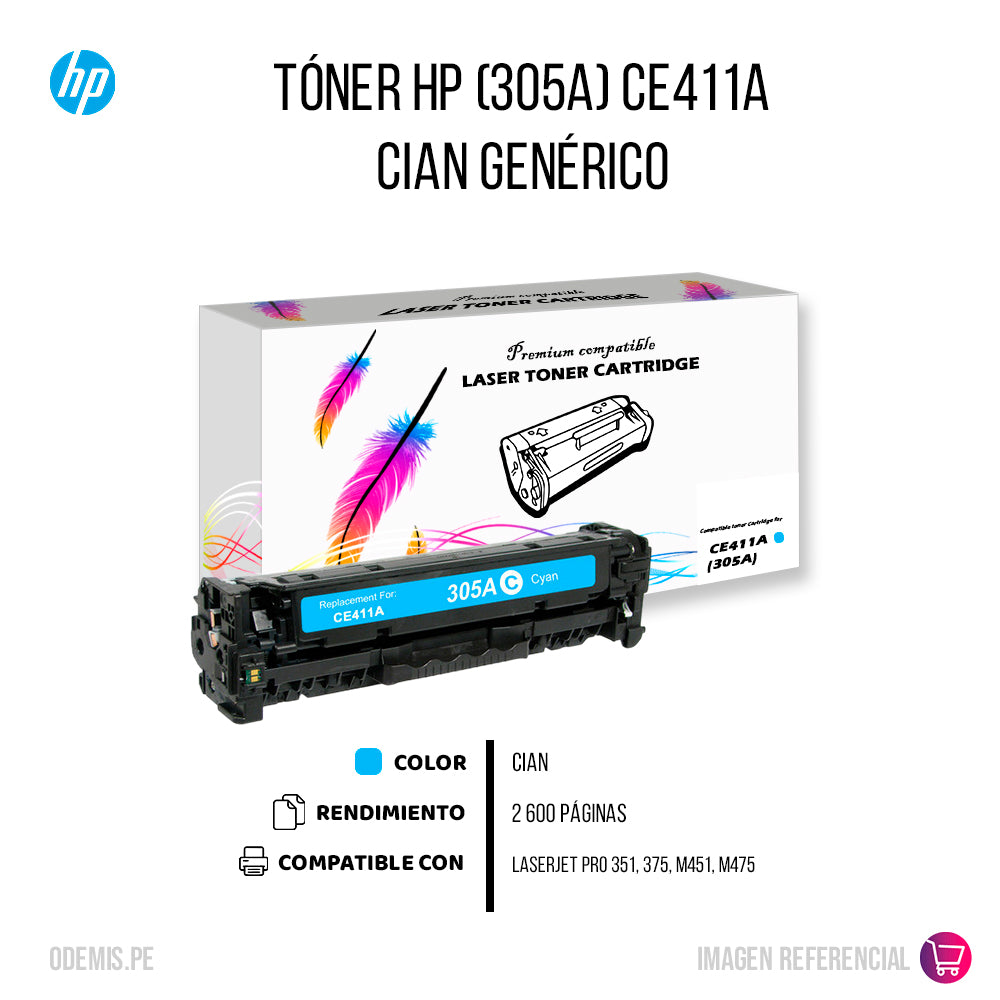 Toner HP 305A Cyan CE411A 2.6K Pág. M351A Compatible